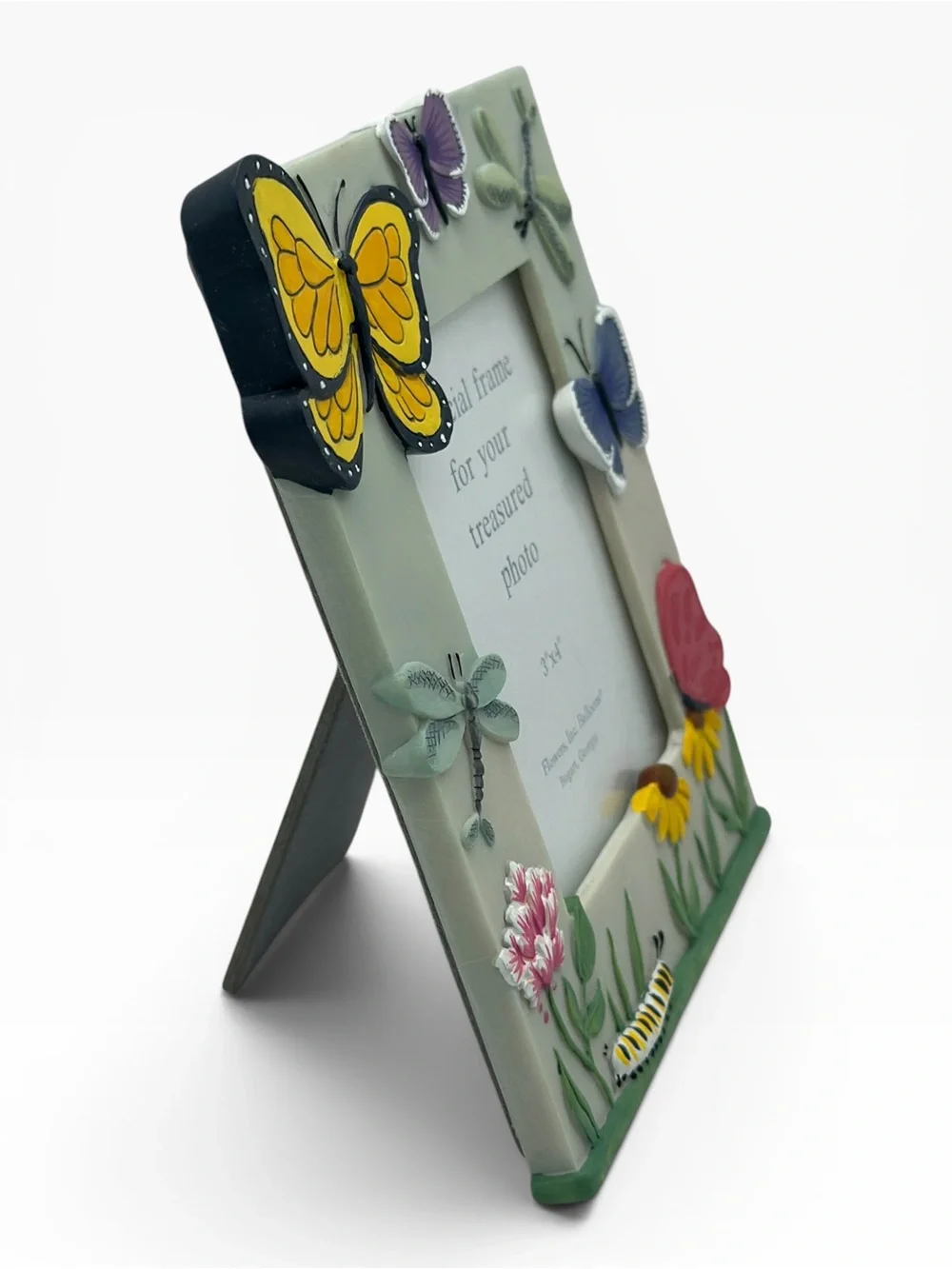NEW Vintage Garden Theme Butterfly, Caterpillar Resin Enamel 3x4 Photo Frame